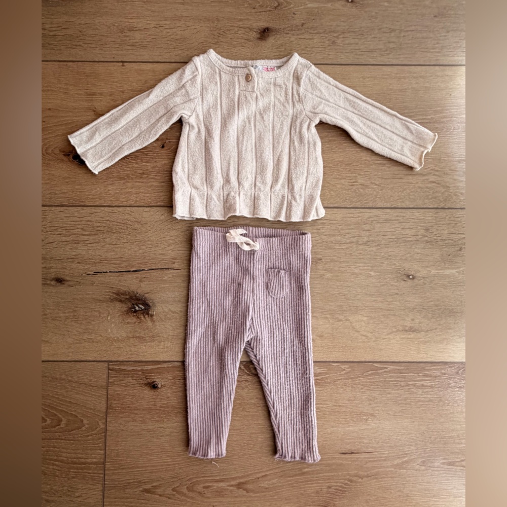 Zara baby Cream Cable Knit Sweater top and purple Ribbed Leggings Set